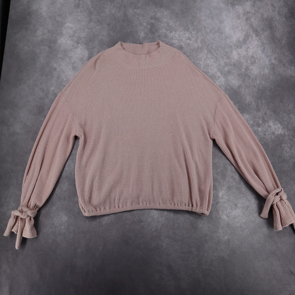 William Rast Sweater Blush Pink Waffle Knit Tie Sleeve Mock Neck XL Coquette